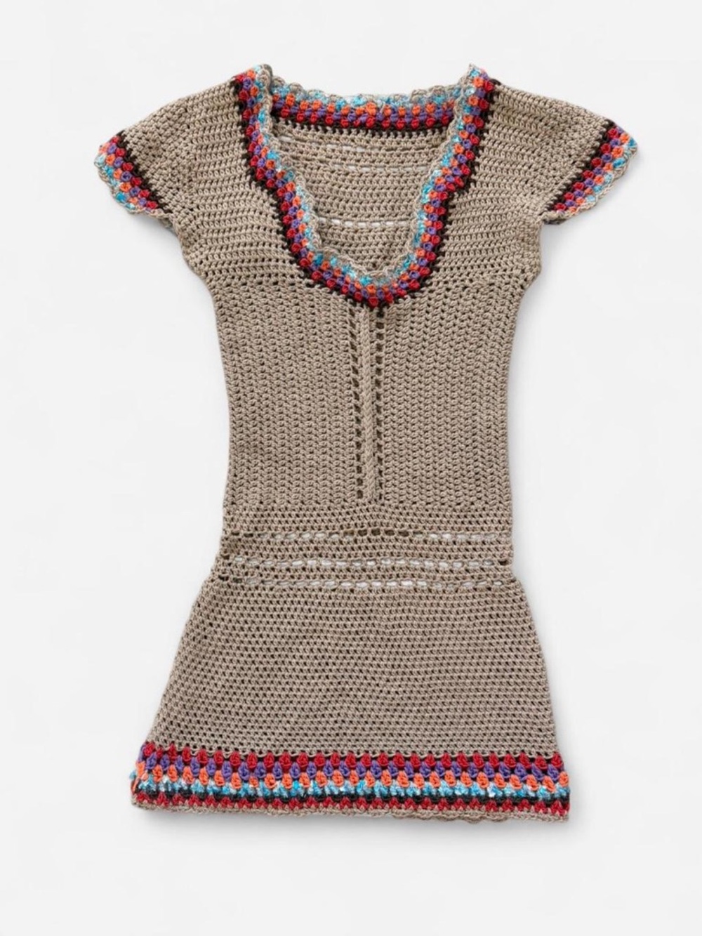 Handmade Crochet Mini Dress Boho Festival Knit Beige Colorful Trim Small
